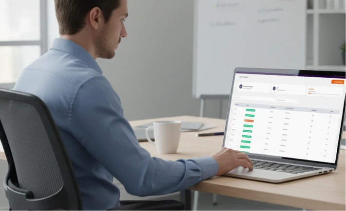 homem sentado no escritorio trabalhando em gestao de projetos no computador